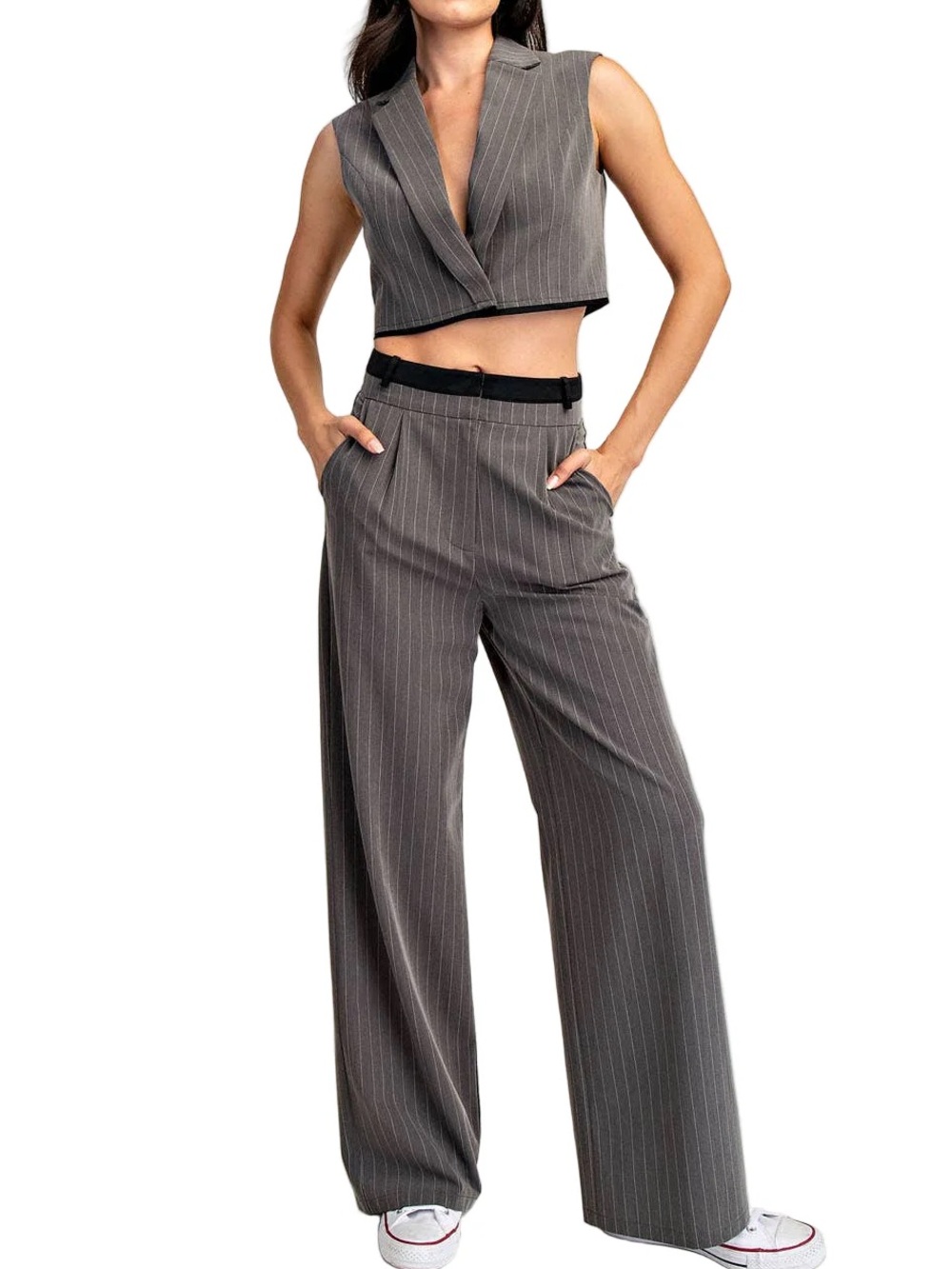 Edit By Nine Tailored Pinstripe Wide-Leg Pants & Vest Set - Gray